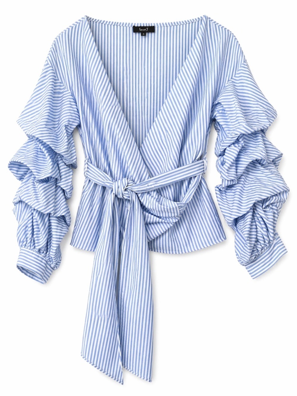 love J Light Blue & White Striped Wrap Top with Ruffled Sleeves size S
